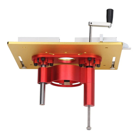 Hardcore Router Table Insert Plate With Kick Ass Precision Lift Base Support Rod In Gold Anodized Aluminum For Sweet Woodworking Trimming And Chamfering Workshop Builds viewed from above, showcasing red lift base and gold surface.