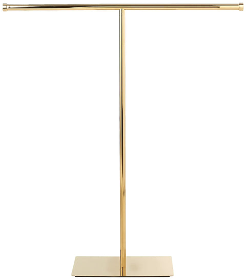 Claremont T Shape Towel Rack in polished brass with solid brass and stainless steel build, freestanding post for two towels.