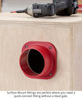 Fullthrottle Blast Gate 4 Inch Dust Collection Valve Upgrade with red surface mount fitting on plywood for quick connect.