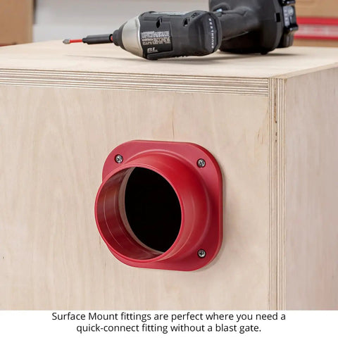 Fullthrottle Blast Gate 4 Inch Dust Collection Valve Upgrade with red surface mount fitting on plywood for quick connect.