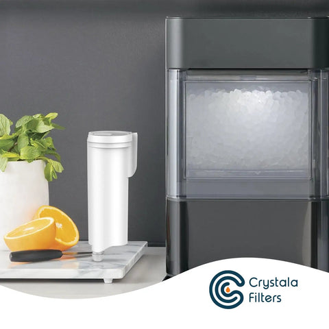 Opal Nugget Ice Maker Filter Replacement 3 Pack for Profile Opal Ice Maker in kitchen setting with mint and oranges