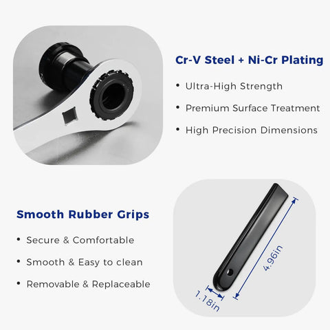 Beefy Heavy Duty Bike Bottom Bracket Tool For 46 OD 24 Notch, Cr-V Steel With Ni-Cr Plating, One Half Inch Drive features and grip
