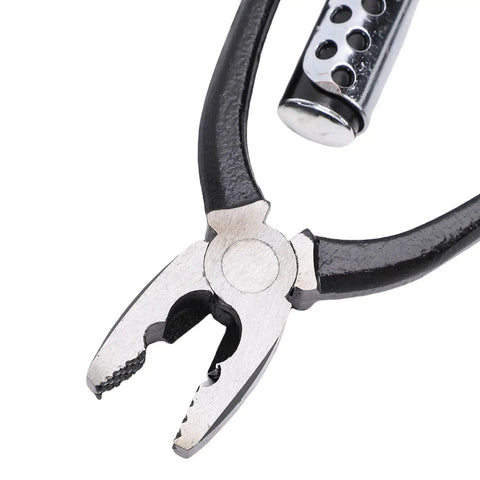 Close-up of 9 Inch Auto Return Reversible Safety Wire Pliers With Wire Twisting Tool for aircraft automotive use, heavy duty metal.
