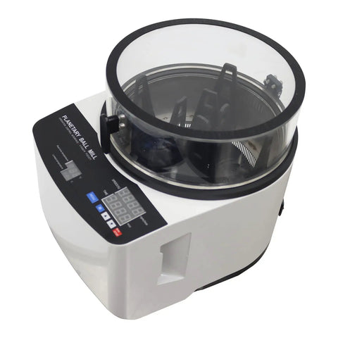 110V Lab Planetary Ball Mill Grinder with LED lamp and safety cover, compact design for fine powder and soil sample grinding.