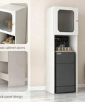 Bottom Loading Water Dispenser With Cabinet Storage, shown with sleek hidden bottle design and glass cabinet doors, for home or office.