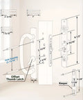 Offset Sliding Patio Door Handle Set With Mortise Lock 45 Degree Keyway Fits 1 3/8 To 2 Inches Doors 3 15/16 Inch Hole Spacing Zinc Alloy Black Diecast Non Handed Replacement For Pella Guardian PGT And More, with diagram and measurements shown.