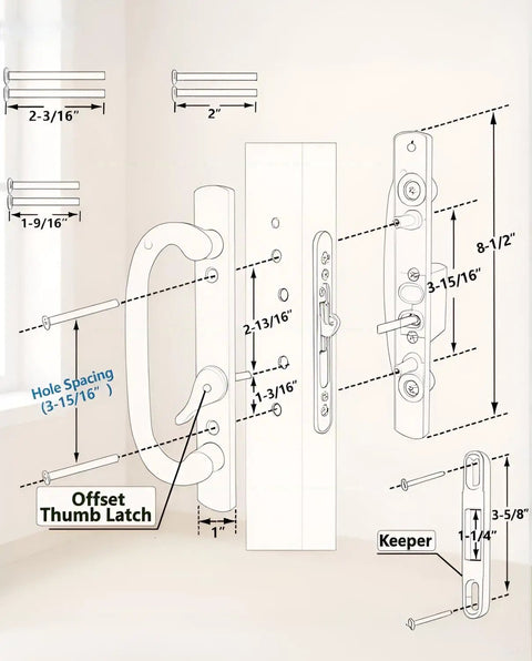 Offset Sliding Patio Door Handle Set With Mortise Lock 45 Degree Keyway Fits 1 3/8 To 2 Inches Doors 3 15/16 Inch Hole Spacing Zinc Alloy Black Diecast Non Handed Replacement For Pella Guardian PGT And More, with diagram and measurements shown.