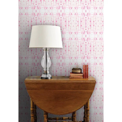 Rock Solid Abstract Wallpaper with Faux Acid Pattern designed for Busy Homes and Shops PVC Free Heavy Duty Polyester Face featuring Soft Linen Touch on wall with table and lamp.