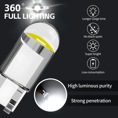 Close-up of LED bulb from 30 Pcs T10 Wedge LED Bulbs Kit For Car Interior Lights Replacement 194 168 2825 W5W COB LEDs