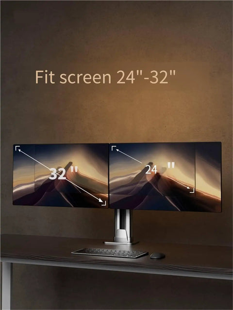 Built Tough Dual Monitor Stand Featuring Heavy Duty Mechanical Arm With Solid Table Clamp Mount holding 24"-32" screens.