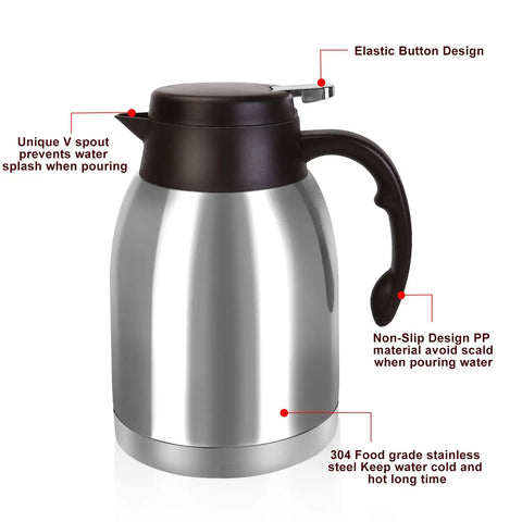 54oz Stainless Steel Thermal Coffee Carafe Dispenser No Spill With Unbreakable Double Wall Vacuum Insulation, classic silver