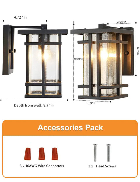 Retro Outdoor Wall Light With Clear Seeded Glass Shade In Black Finish, IP65 Waterproof Exterior Wall Lantern, E26 Porch Light Fixture, 10 Inch Height, Wall Mount Outdoor Lighting For Porch And Home Exterior shown with accessories