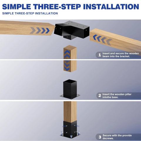Beefy 3 Way Pergola Brackets With Post Base Kit For 4x4 Posts Slanted Roof Corner Brackets Outdoor Log Cabin Lumber Weatherproof Backyard Patio Frame Hardware Easy Install