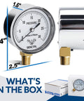 Front view of SENCTRL pressure gauge with 2-1/2 inch dial, chrome housing, brass 1/4 inch NPT lower mount.