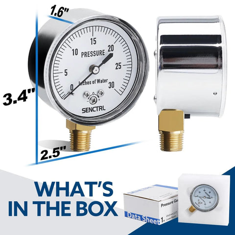 Front view of SENCTRL pressure gauge with 2-1/2 inch dial, chrome housing, brass 1/4 inch NPT lower mount.