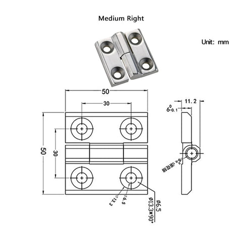 Front view of removable heavy-duty 304 stainless steel hinge, medium-right, with four mounting holes