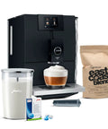 Straight Fire Automatic Espresso Coffee Maker Bundle With A Clean Matte Black Frame Smooth Operator Bean To Cup Brewing setup.