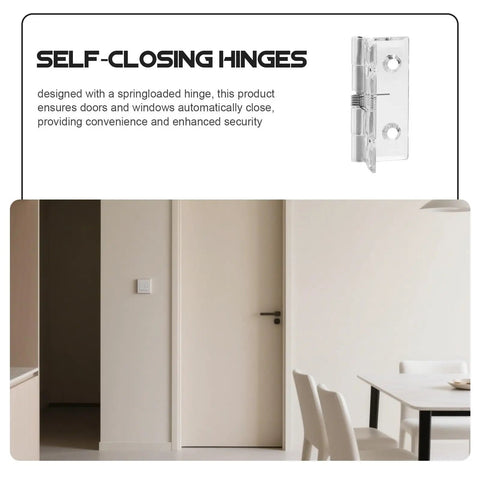 Hidden Acrylic Door Hinges With Self-Closing Spring Mechanism, stainless steel, modern room background, soft-close feature showcased.