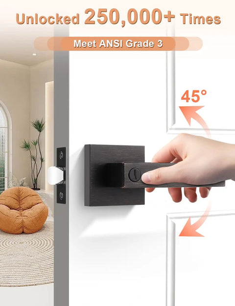 Person using 8 Pack Oil Rubbed Bronze Privacy Door Handles For Interior Doors Vintage Square Levers in living room.
