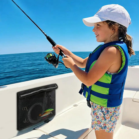 Child fishing on boat with 2 Pack Boat Storage Mesh Bag 13 By 9.8 Inches Marine Organizer for tools and gear mounted nearby.