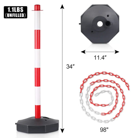 2 Pack Traffic Delineator Post Cones With Fillable Base, Portable Parking Pole Barrier With 8ft Chain, Safety Delineator in red and white