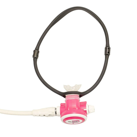 Silicone Regulator Necklace For Divers Dive Ready Secure Backup Holder Durable Design With BCD Connection 8 Inch Width 11 Inch Length Black Accessory Ultra Durable showcasing a pink regulator.