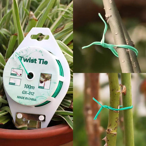 Heavy Duty All Purpose Coated Garden Ties With 328 Feet Of Trimmer Twine For Plant Support And Growth, close-up of twist ties on plants
