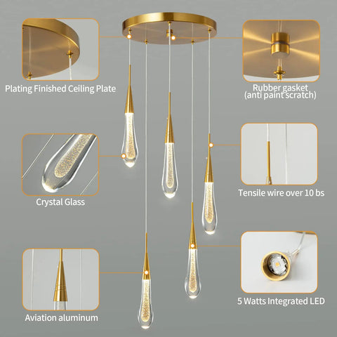Lit Gold Teardrop Crystal Pendant Lights with Dimmable LED Ceiling Fixture, modern brushed brass finish, five light, detailed view
