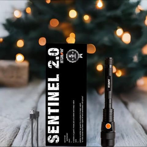 Sentinel 2000 Lumen Rechargeable Flashlight, 10.5-Inch Handheld LED with USB Cord and Magnetic Gift Box on display.