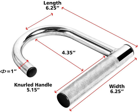 Heavy Duty Metal Resistance Band Handles With Knurled Steel Grip Surface For Elastic Band Workouts And Pull Ups, dimensions labeled.