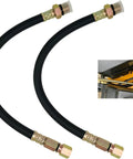 Two black oil hoses with metal fittings for engines, inset shows installation; Beefed Up Flex Drain Oil Hose For FR730V FR691V Engines and Kubota Z412 Z122R Toro MX5060 Mowers Replacement Durable Flexible Fit For All FH FR FS FT and FX Engine Models Heavy Duty Construction and Easy Install.