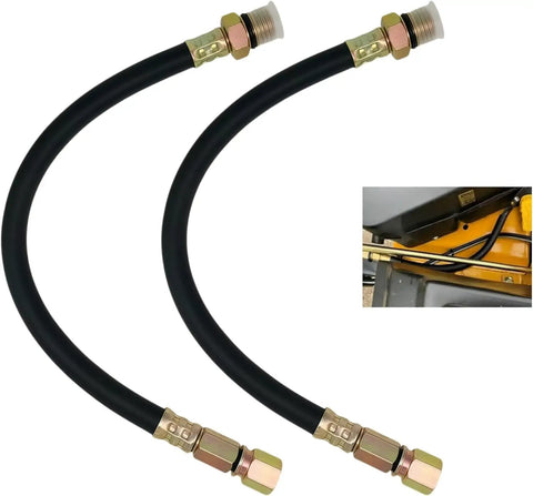 Two black oil hoses with metal fittings for engines, inset shows installation; Beefed Up Flex Drain Oil Hose For FR730V FR691V Engines and Kubota Z412 Z122R Toro MX5060 Mowers Replacement Durable Flexible Fit For All FH FR FS FT and FX Engine Models Heavy Duty Construction and Easy Install.