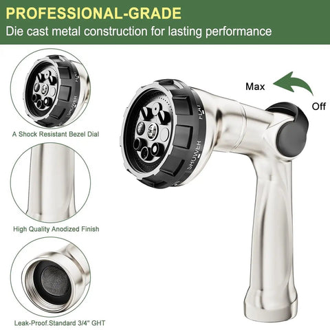 All Metal Heavy Duty Garden Hose Nozzle With Thumb Control Sprayer, 8 Spray Patterns, shown with zinc alloy die-cast body and bezels.