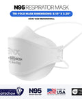 NIOSH Approved N95 Respirator Mask Made in USA Tri-Fold Cup Style With Fish Design And Headband Closure 50 Pack White For Non-Oil Particles 0.3 Micron TC-84A-9362 showing front view and dimensions