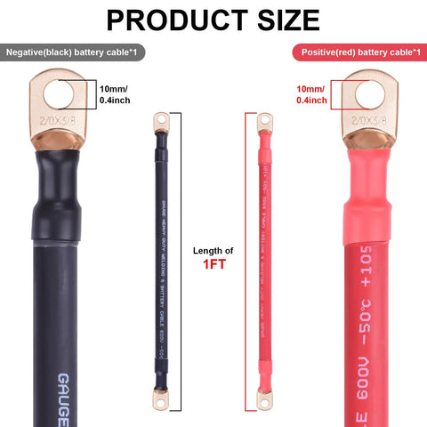 2/0 AWG Battery Cable Set 1 Ft Red And Black Copper Welding Cables Built Tough With 3 By 8 Inch Lug Terminals For Solar Inverter RV Boat Marine Automotive Replacement Parts, 1 ft lead size