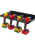 Wall Mounted Drill Storage Rack For Four Drills And Accessories with black-metal finish holding four colored drills.