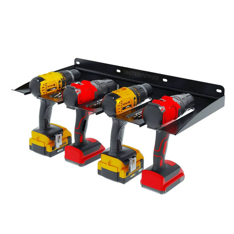 Wall Mounted Drill Storage Rack For Four Drills And Accessories with black-metal finish holding four colored drills.