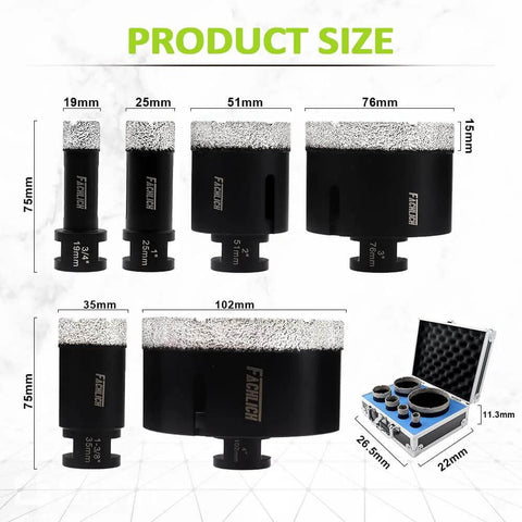 FACHLICH diamond core drill bit set, 6-piece tile hole saw kit (19/25/35/51/76/102 mm) with black case.
