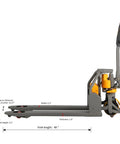 Heavy Duty Electric Pallet Jack Loader With 3300 Lbs Capacity, side view highlighting 48-inch fork length and compact design.