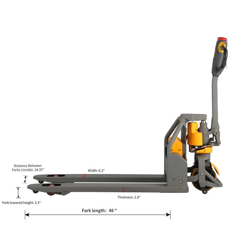 Heavy Duty Electric Pallet Jack Loader With 3300 Lbs Capacity, side view highlighting 48-inch fork length and compact design.