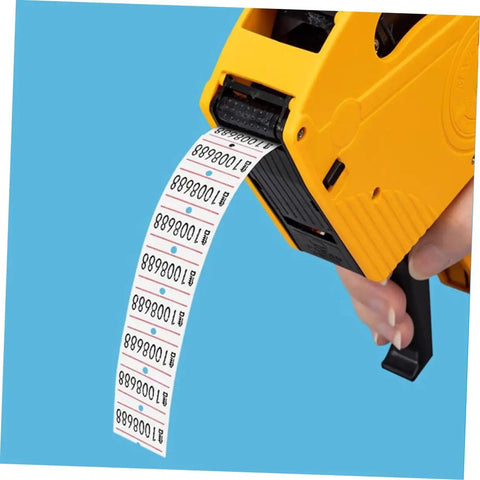 Yellow price marker machine with Pricing Label Stickers Paper in Bulk 10 Rolls 4000pcs Adhesive Retail Price Tags dispensing in blue background