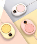 Portable Electric Heating Coaster For Coffee And Tea, 75 Degree Cup Warmer Plate With Hella Steady Temp Dial in white, pink, and yellow.