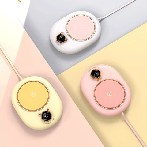 Portable Electric Heating Coaster For Coffee And Tea, 75 Degree Cup Warmer Plate With Hella Steady Temp Dial in white, pink, and yellow.