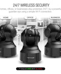 Three Indoor Wireless Security Camera 1080P With Alexa units for home, office, business use shown from various angles.