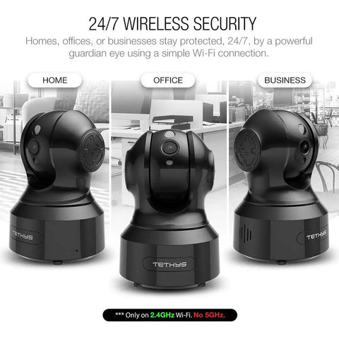 Three Indoor Wireless Security Camera 1080P With Alexa units for home, office, business use shown from various angles.