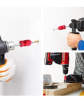 Adjustable Drill Depth Stop Collar Set for Drill Bits, Aluminum Rings in use on wood and wall, close-up views.