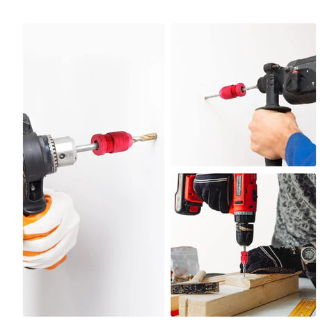 Adjustable Drill Depth Stop Collar Set for Drill Bits, Aluminum Rings in use on wood and wall, close-up views.