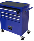 Rolling 4 Drawer Tool Chest With Locking Wheels 24.4 Inch Mobile Toolbox Ball Bearing Drawers For Smooth Glide Heavy Duty Metal Cabinet For Garage Shop Warehouse Blue, front view with open top drawer