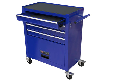 Rolling 4 Drawer Tool Chest With Locking Wheels 24.4 Inch Mobile Toolbox Ball Bearing Drawers For Smooth Glide Heavy Duty Metal Cabinet For Garage Shop Warehouse Blue, front view with open top drawer