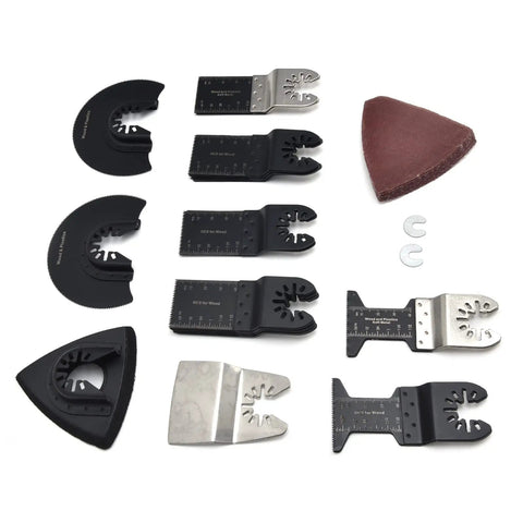 Workhorse Oscillating Saw Blades Kit for Multitool with high carbon steel blades and sandpaper arranged in a flat lay